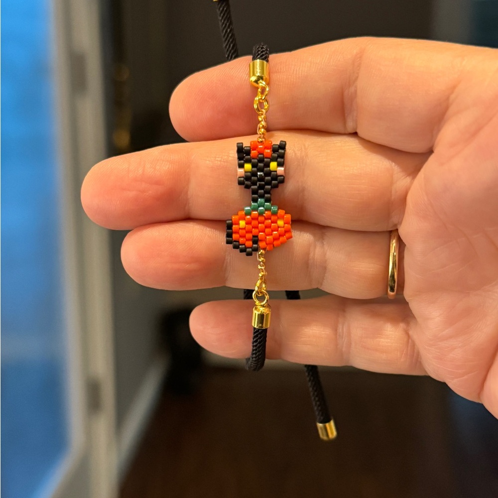 Hand crafted Beaded Black Halloween Cat Adjustable Cord Bracelet Gold Accents